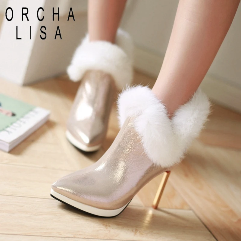 

ORCHA LISA Warm Winter Ankle Boots for Women Pointed Toe Thin Heels Zipper Platform Fur Big Size 40-43 Black White Silver Golden