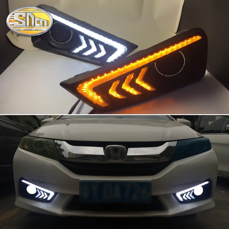 

Yellow turn Signal style Relay 12V LED Car DRL Daytime Running lights Daylight with Fog Lamp hole For Honda city 2015 2016