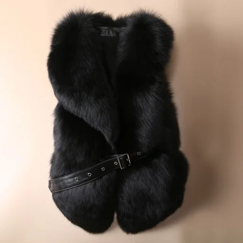 black OFTBUY жилет из натурального Лисьего меха Повседневная женская зимняя безрукавка v-образный вырез пальто из натурального меха толстый теплый пояс уличная верхняя одежда - Цвет: black