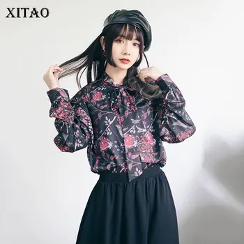 

XITAO Original Vintage Printed Shirt Stand Collar Streamer Long Sleeve Womens Tops and Blouses Loose Wild Elegant Spring DMY4029