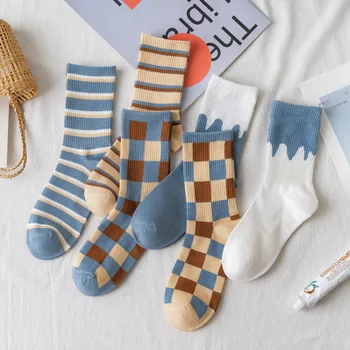 

New All-Match Women Striped Plaid Tube Socks Korean Version Of The Tide Brand College Style Kawaii Socks 1Pairs