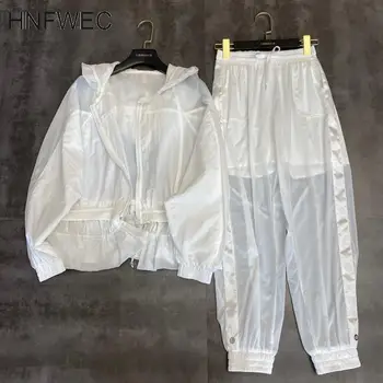 

2020 Summer Long Sleeve Hooded Transparent Coat White Sunscreen Pants Two Piece Set Women T349