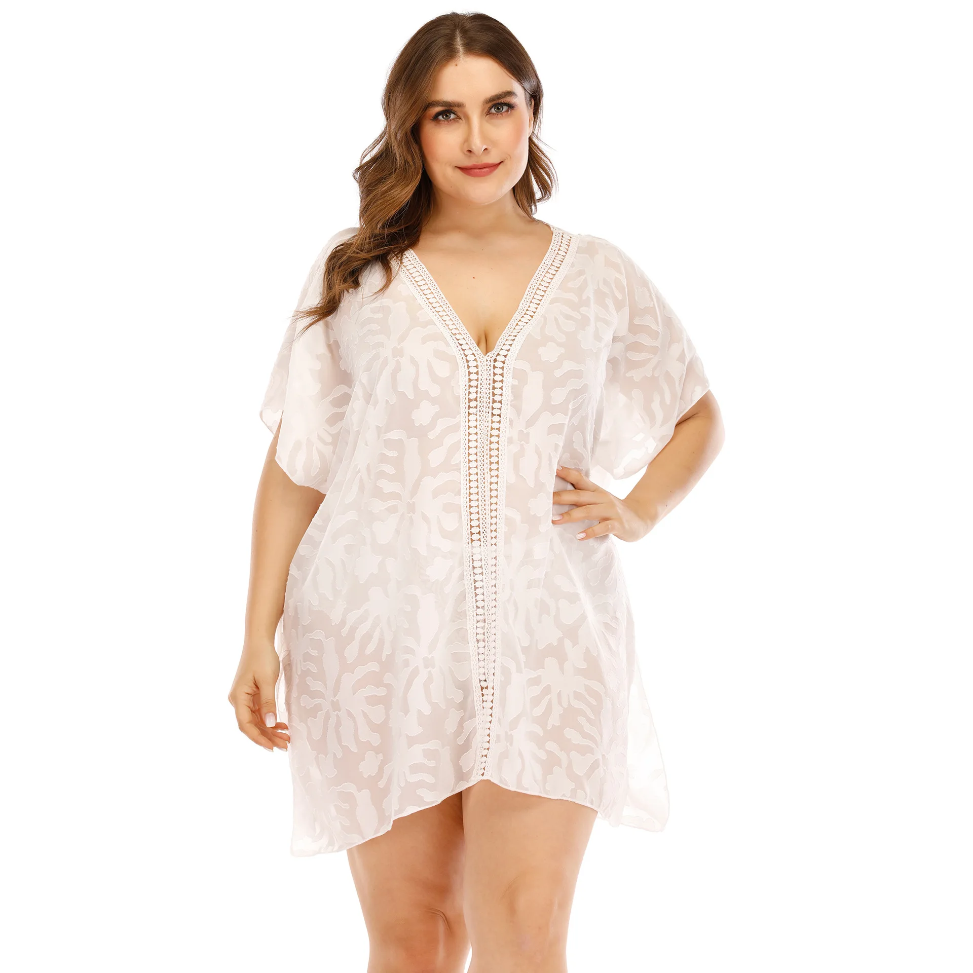 

Plus Size Women's Clothes Three-Dimensional Decoration Sexy See Through Deep V Chiffon Patchwork Beach Dress Beach Fashion Sexy