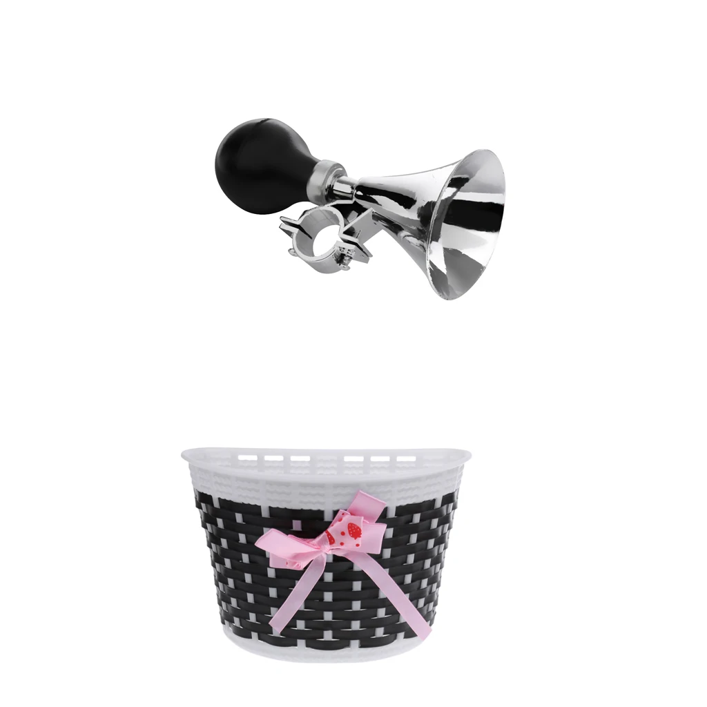 Kids Bicycle Front Basket Bowknot + Handlebar Ring Sound Horn Bell Black Kids Bicycle Front Basket Bowknot + Handlebar Ring Sound Horn Bell Black
