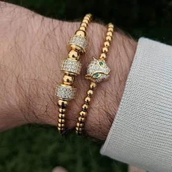 

Pave Cubic Zircon Leopard Head Charm Bracelet Sets Adjustable 4mm Copper Beads Couple Bracelet Sets For Men Women Jewelry Gift