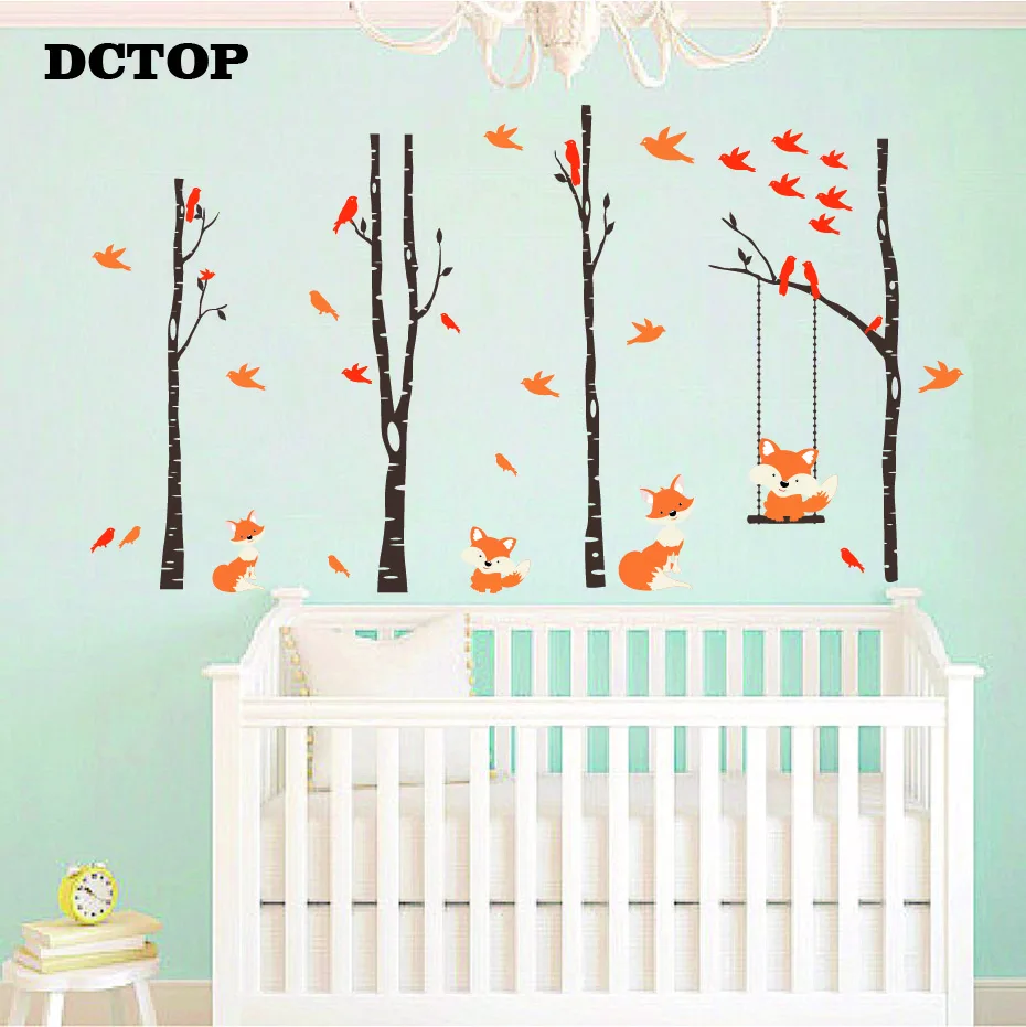 Lovely Fox Swinging Trees Birch Nursery Wall Stickers Birds DIY Vinyls Decals Home Decor Children kids Bedroom Door Art Mural (4)