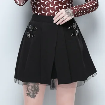

92066ins Goth Irregular Mesh Pleated Skirt Improved Pin Buckle Split Versatile Skirt Ins Dark Wind