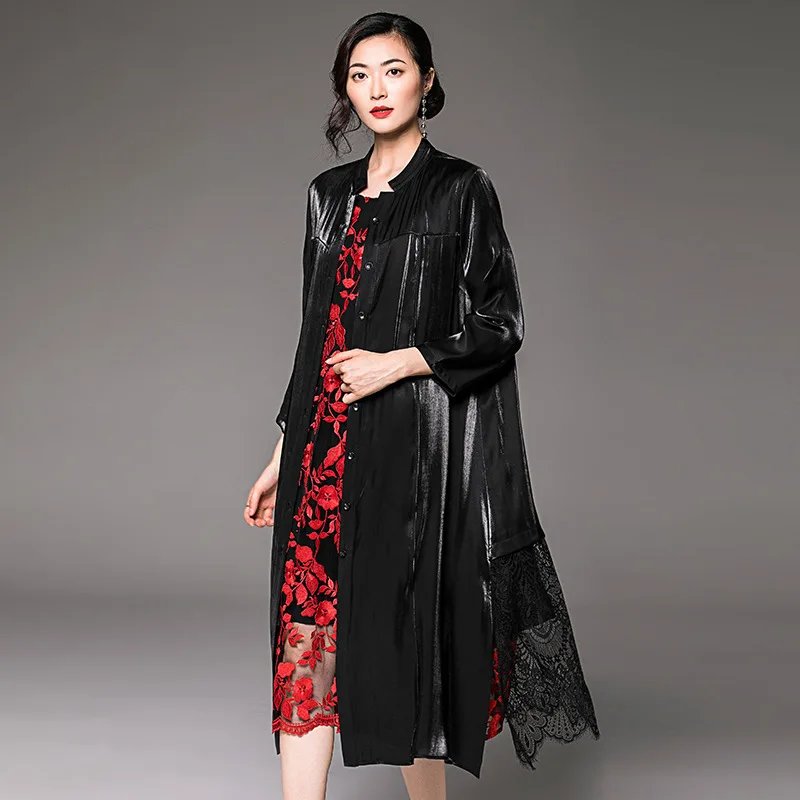 

2019 Spring New Style Debutante Elegant Stand Collar Long Sleeve Single Breasted Loose-Fit Joint Lace Coat Women's Mid-length