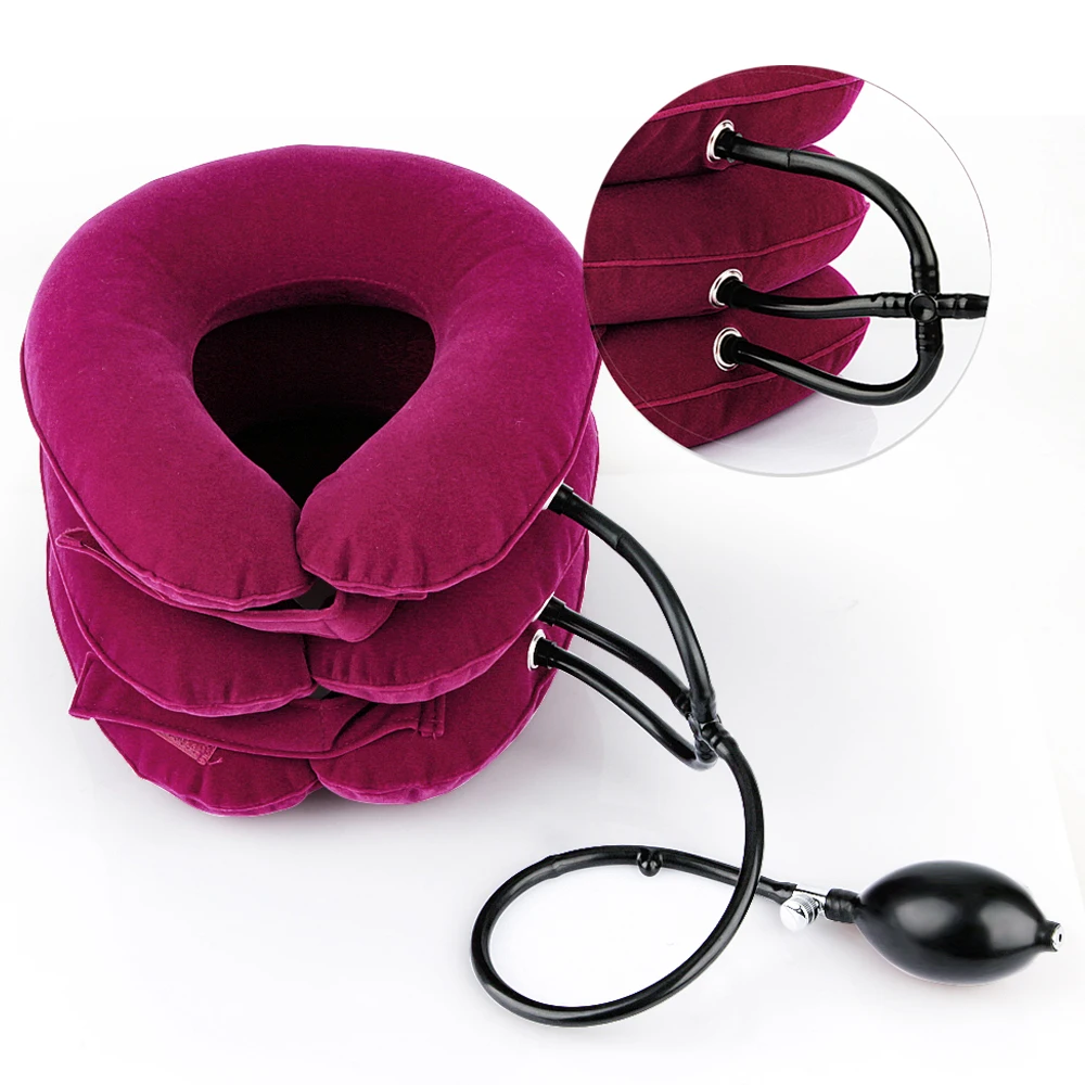 Baratos Dispositivo de tracción en el cuello de 3 capas inflable aire cuello Cervical almohada soporte cuello masaje músculo relajarse hombro alivio del dolor cuidado de la salud