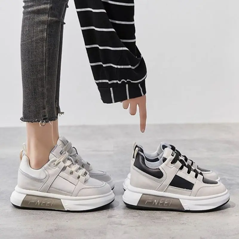 Women's Sports Shoes Color Matching Shoes 2021 New Fashion Thick Soled Soft Leather Sports Shoes Heightening Small White Shoes