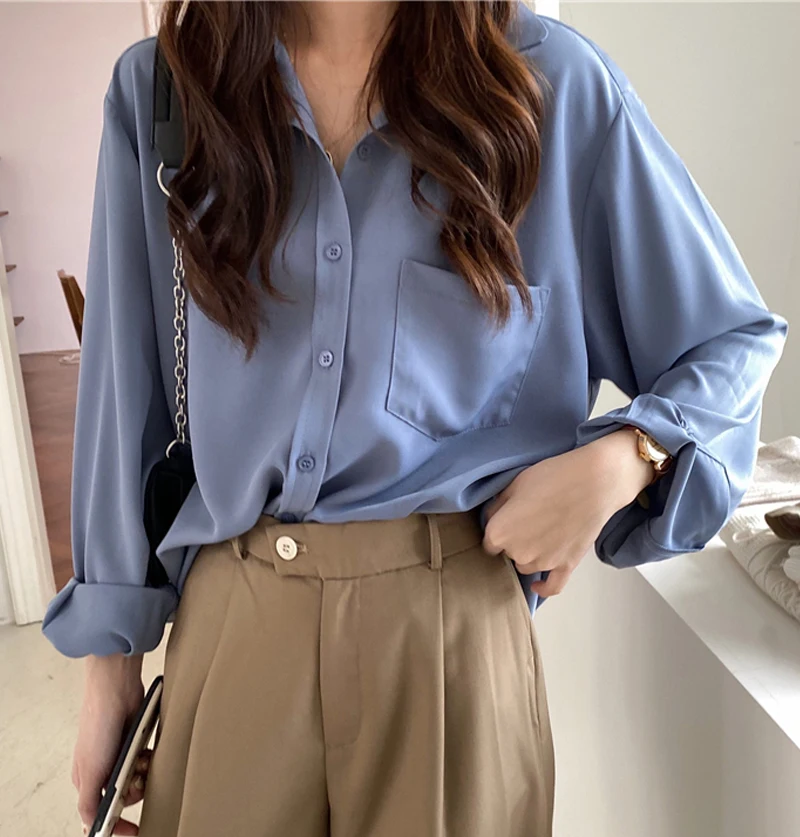 

Повседневная Женская рубашка с длинным рукавом, осенняя офисная Свободная рубашка с карманами на пуговицах, Женский Топ
