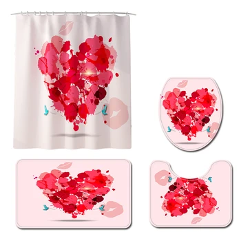 

Beautifully Valentine's Day Printed Bathroom Toilet Mat Set Shower Curtain Base Mat Carpet