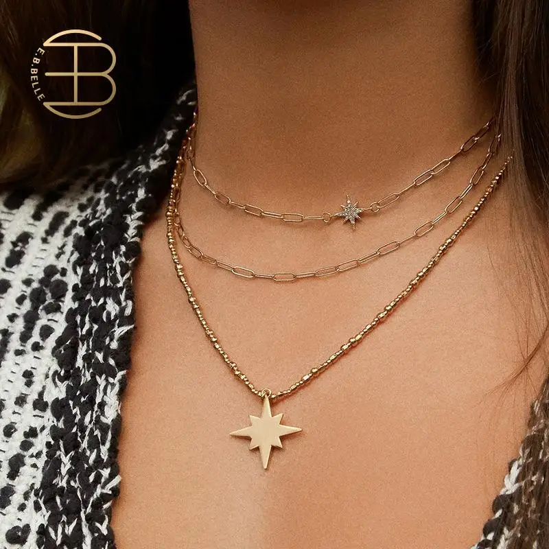 Женская цепочка со звездой на удачу золотистая с подвеской украшенная бусинами