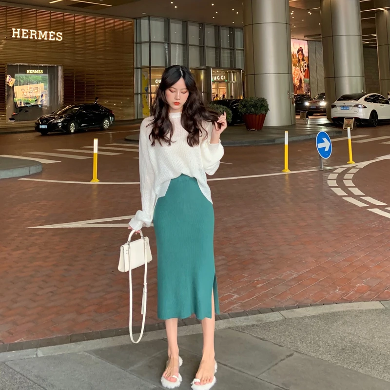 green skirt Розовые вязаные зимние юбки, женские, с разрезом, эластичные, высокая талия, сексуальная юбка-карандаш, Женская юбка, толстая, миди, Корейская, осенняя, для девушек, Jupe Crayon - Цвет: green skirt