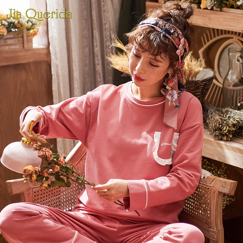 2020 Spring Letter Embroidery Top Long Pants Plus Size Pajamas Sleepwear Young Girl 2 Pieces  Round Neck Cotton Women Pajama