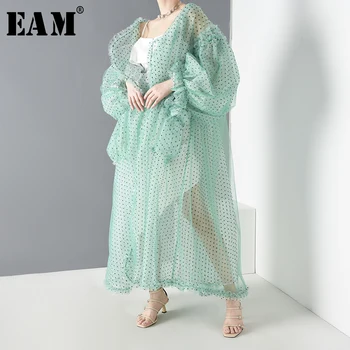 

[EAM] Women Green Mesh Perspective Long Big Size Blouse New Long Sleeve Loose Fit Shirt Fashion Spring Summer 2020 JF39406