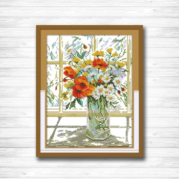 

Flower vase on windowsill Pattern print on the canvas DMC 11CT 14CT Cross Stitch kit needlework embroidery Set,beautiful Flowers