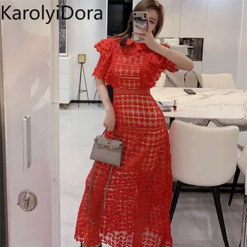 

2020 Summer women red long lace dress ruffles hollow out short sleeve dresses party high quality self portrait dresses