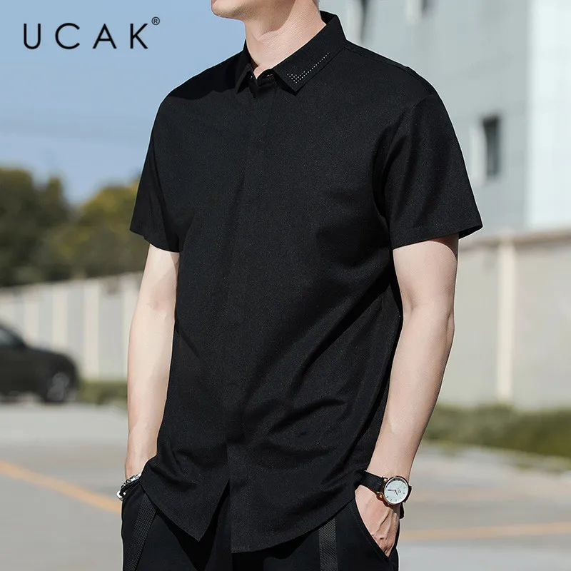 UCAK Brand Cotton Shirt Homme Summer Short Sleeve Shirt Clothing Turn-down Collar Solid Color Shirt Men Streetwear Clothes U6018