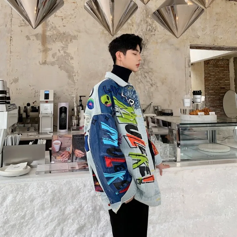 Fashion Mens Hip Hop Loose Fit Graffiti Printed Denim Jacket Casual Streetwear Outwear Jeans Coat Cowboy Light Blue Jacket