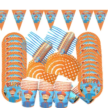 

90pcs/lot Blippi Birthday Party Decoration Party Supplies Disposable Paper Cups Plates Banner Straw Kids Toys Boy Balloon