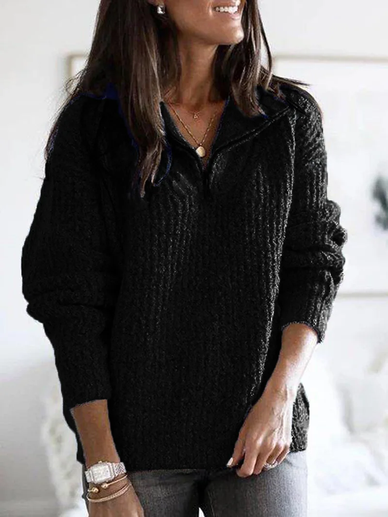 5XL осенний женский свитер, вязаный Топ с длинным рукавом и отложным воротником, женские повседневные свободные свитера размера плюс на молнии, пуловеры
