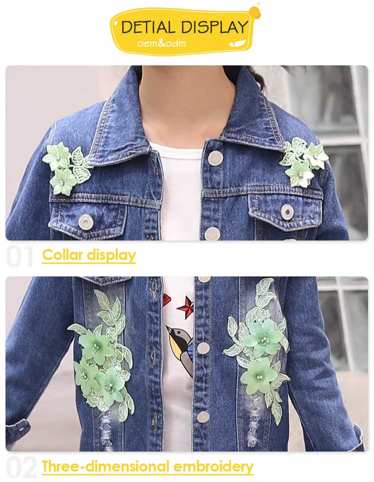 Children Autumn Denim Outfit Fashion Clothing Girls Green Flower Denim Jacket +Jeans Pants Long Sleeve Denim Kids Clothes Set
