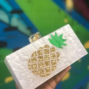 

gold pineapple with pearl white long size acrylic box clutches female women brand flap purse handabag girl evening wallet bags