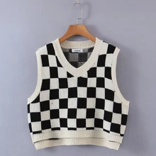 

Women Black White Plaid Knitted Short Sweater V Neck Female Pullover Casual Lady Loose Tops SW1565