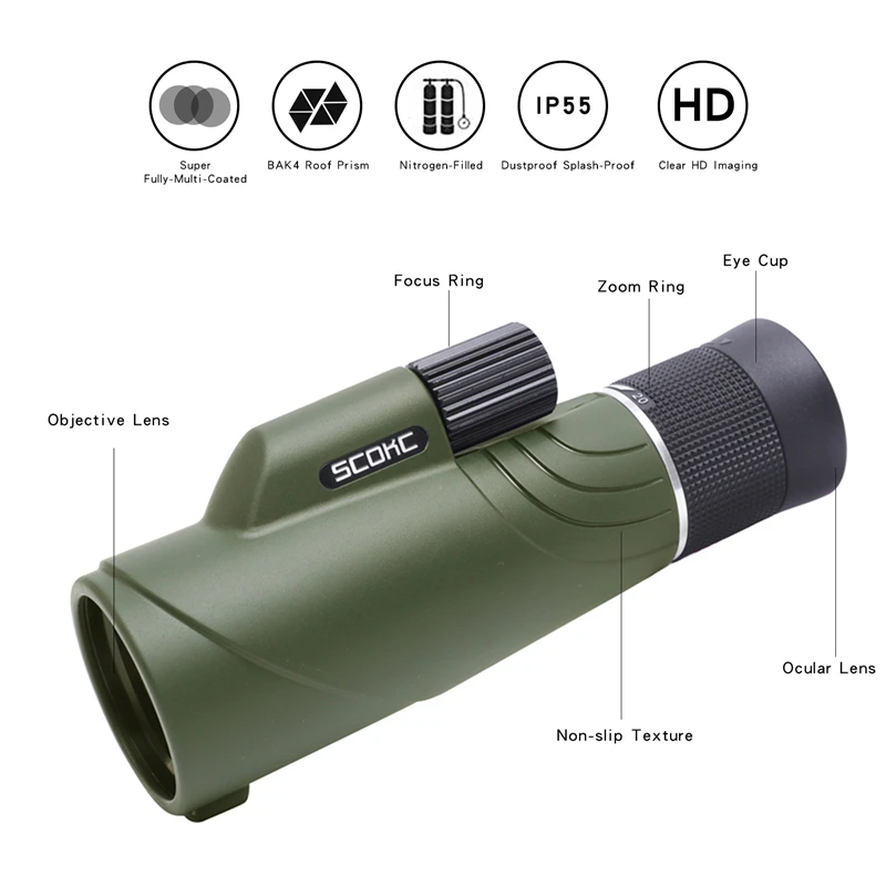 US $59.15 Scokc Zoom Monocular 10 20x50 Bak4 Prism Powerful Telescope Monocular Waterproof Hunting Goods For Camping