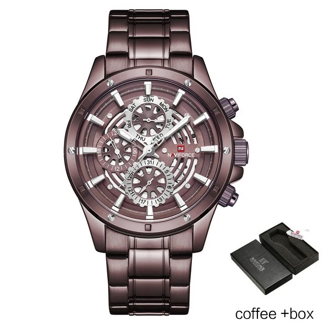Coffee Box NAVIFORCE, люксовый бренд, кварцевые часы для мужчин, нержавеющая сталь, скелет, спортивные часы для мужчин, s, модные, водонепроницаемые часы, Relogio Masculino - Цвет: Coffee Box