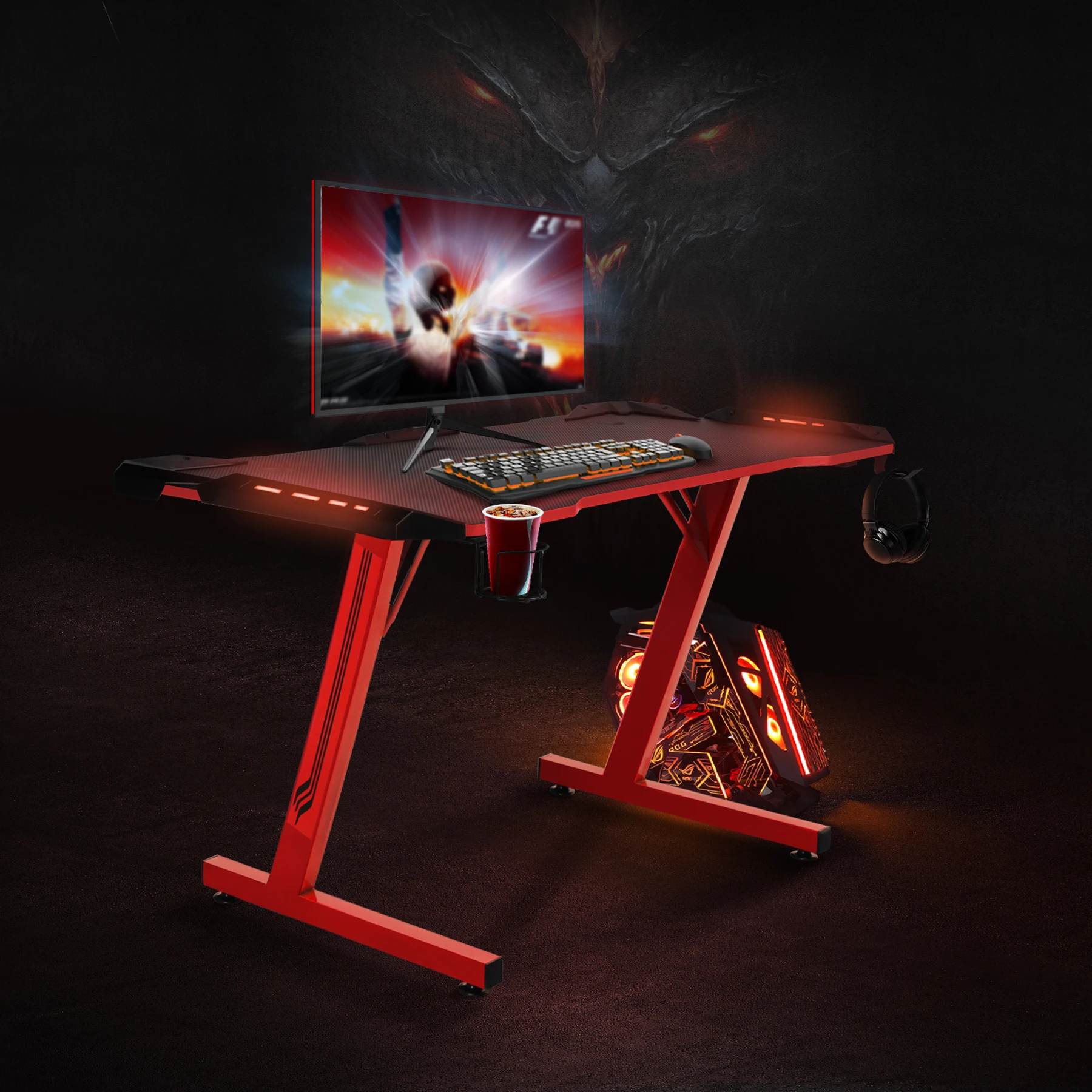 Home Office Gaming Desk with Led Lights Ergonomic 43.3 Inch Z Shaped