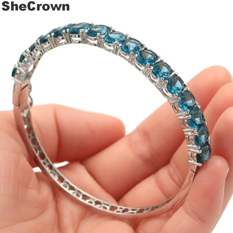 

8x6mm Deluxe London Blue Topaz Violet Tanzanite Gift For Woman's Wedding Silver Bracelet Bangle 7.5inch