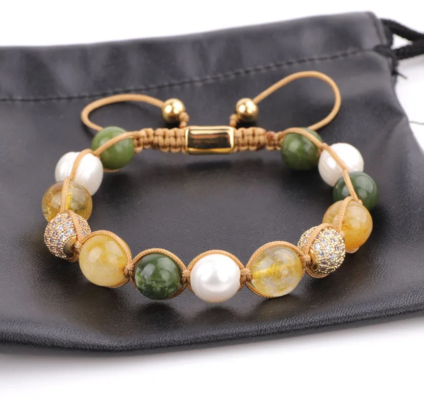 New Unique Design High Quality Luxury CZ Pave Ball 10mm Natural Stone Beaded Women Jewelry Braided Macrame Bracelet Lady