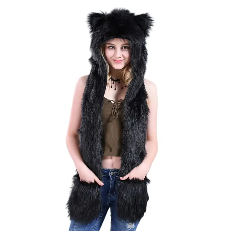 3 в 1 женский и мужской Пушистый Плюшевый животный волк Леопард капюшон шарф шапка с лапами Варежки перчатки утолщенные Зимние Теплые ушанки шапка бомбер - Цвет: 3