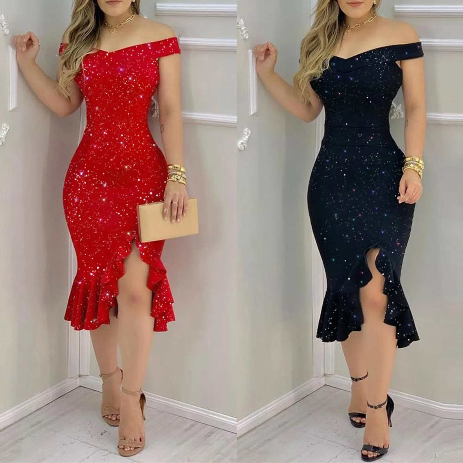 Vestido de fiesta de cóctel # T2Q para mujer, Vestido brillante con volantes, hombros descubiertos, abertura trenzada, ceñido, elegante, brillante