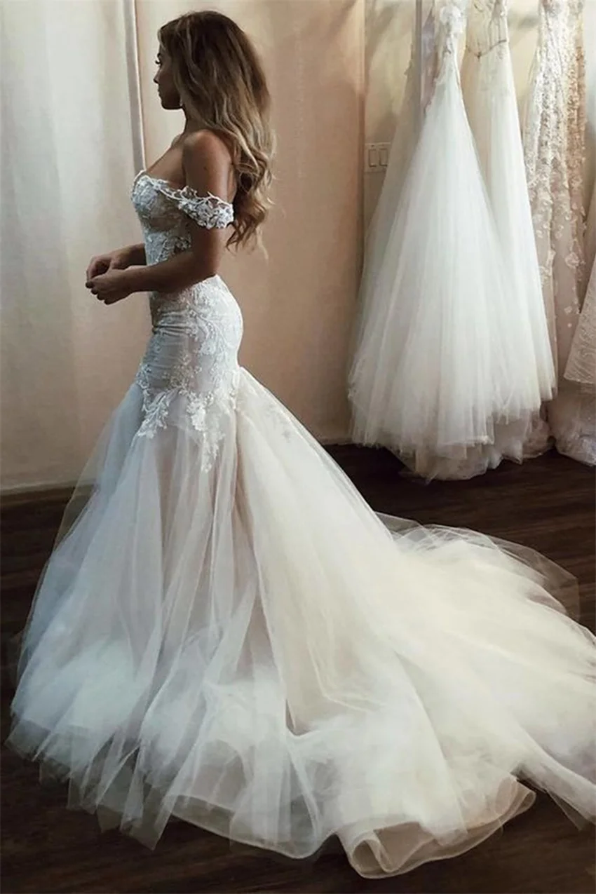 

Off The Shoulder Mermaid Wedding Dresses 2020 New arrival Appliques Summer Backless Long Bridal Gowns Tulle Vestidos De Novia
