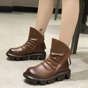 

PU Leather Non-slip Round Toe Ankle Boots Women Vintage Double Zipper Cowboy Boots Female Winter Pleated Platform Shoes