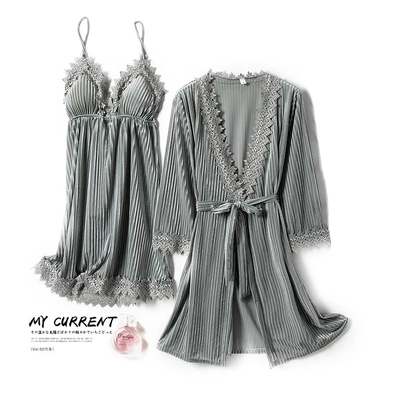 

Velour Kimono Robe Gown Nightdress Women 2PCS Nighty&Robe Suit Sleepwear Casual Sleep Suit Autumn Winter New Home Clothes