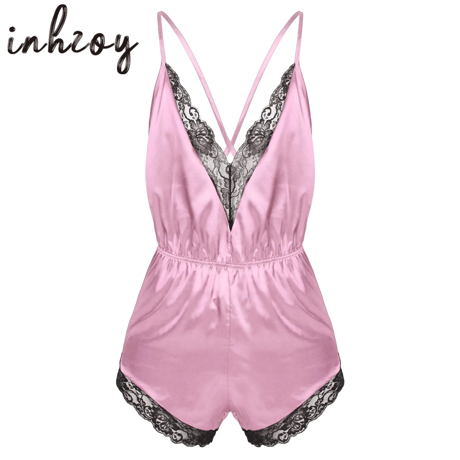 Mens Sissy Satin Bodysuit Jumpsuit Babydoll Lace Cross Criss Back Pajamas Sleepwear Nightwear men bodysuits men jumpsuits men lingerie