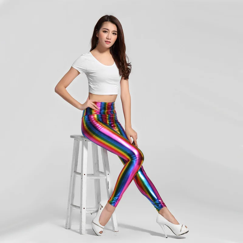 

New Sexy Ladies Rainbow Bronzing Imitation Leather Leggings Stripes Slim Slimming High Waist Large Size Pants