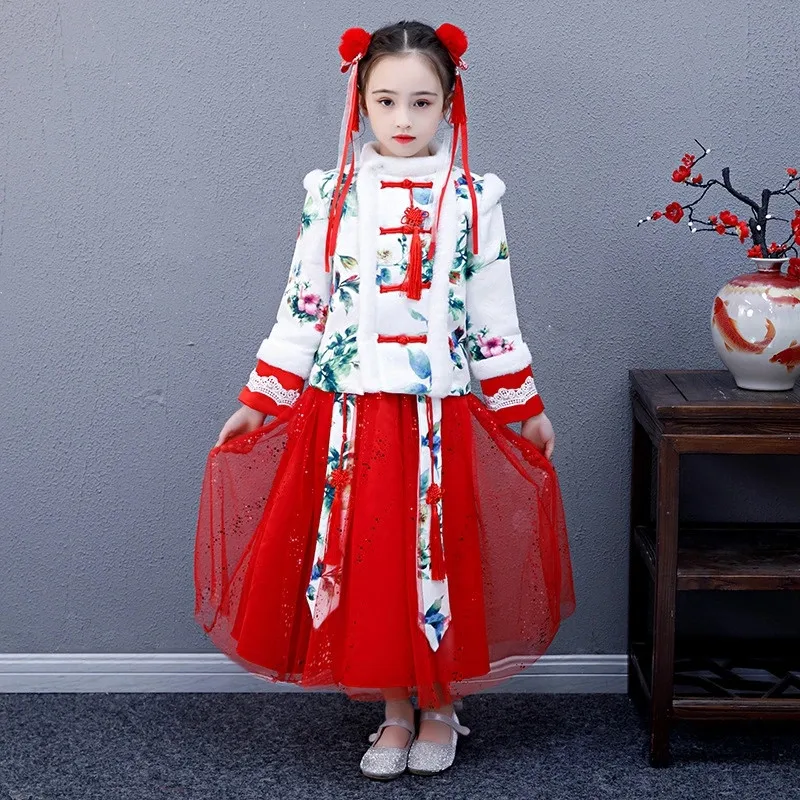

Autumn Winter Girls New Year Clothes Set Children National Style Chinese Suit 2PCS Kids Twinset Top Cloth + Skirt 4 to 9 Years