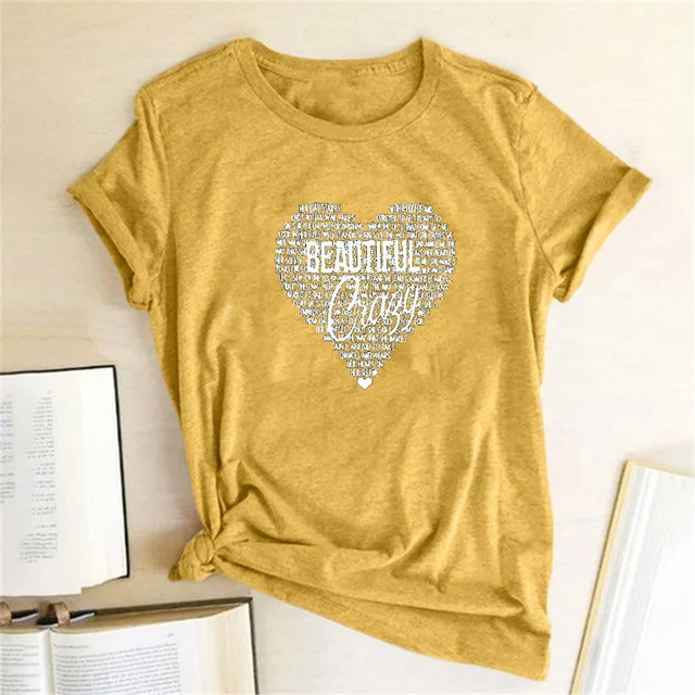 Beautiful Ciasy Letter Big Heart Love Printed Women T Shirt Round