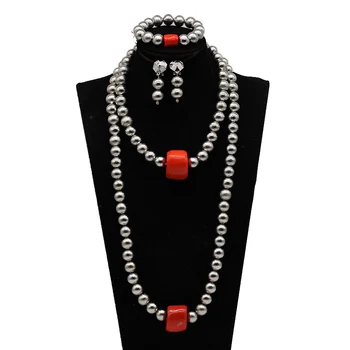 

African Beads Wedding Jewelry Set Red Coral Pendant Necklace Jewelry Bride Necklace Bracelet Earrings Set Handmade HXO231