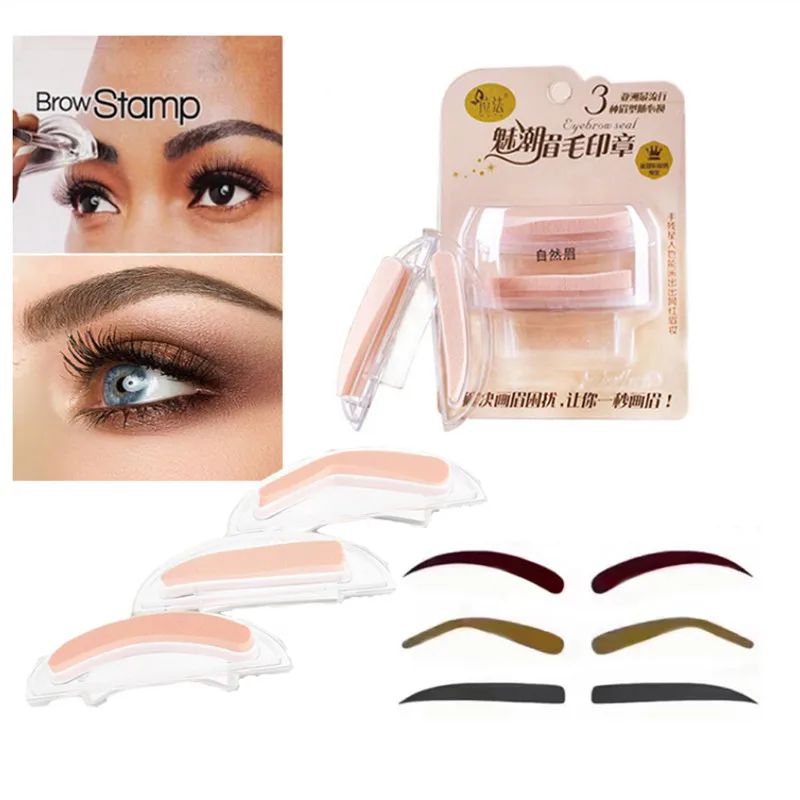 

1 Set Professional Brow Stamp Sponge Stencil with Handle 3 Shape Eyebrow Template Lazy Quick Make up Seal Eyebrow Powder Print