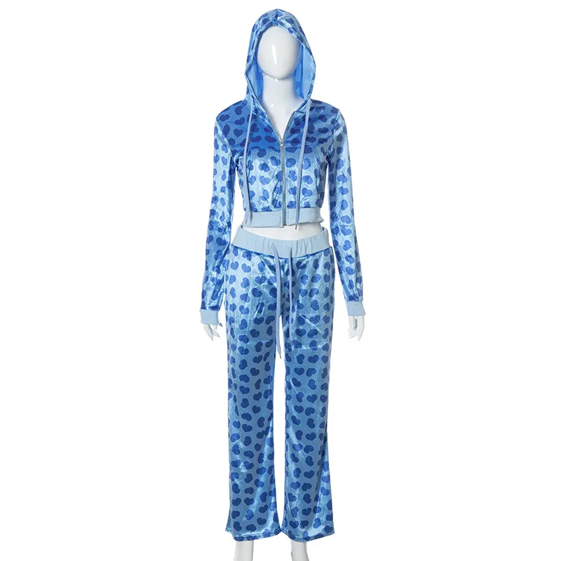 ladies coat pant suit INGOO Hot Girl 2 Pieces Set Y2K Love Printed Cardigan Hooded Sweater Lace-up Trousers Street Women Tracksuit Casual Outfits Suit tweed two piece set