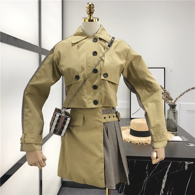 

2019 autumn new khaki contrast color single-breasted slim short jacket + pleated skirt two-piece suit women