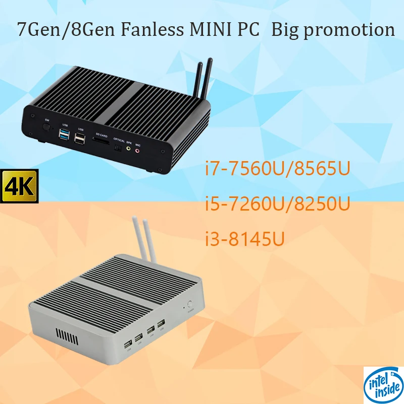 Мини ПК Intel Core 7Gen/8Gen без вентилятора NVME M.2 SSD DP 4K 60 ГГц оптический порт 2 * lan Iris Plus