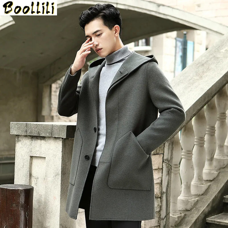 

Wool Boollili Spring Coat Hooded Double-sided Woolen Long Jacket Men Peacoat Overcoat Windbreaker Abrigo Hombre