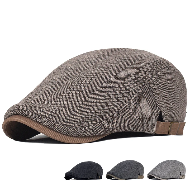 

Big Size Newsboy Cap Men Winter Wool Thick Warm Vintage Herringbone Casual Stripe Berets Gatsby Flat Hat Peaked Cap Adjustable